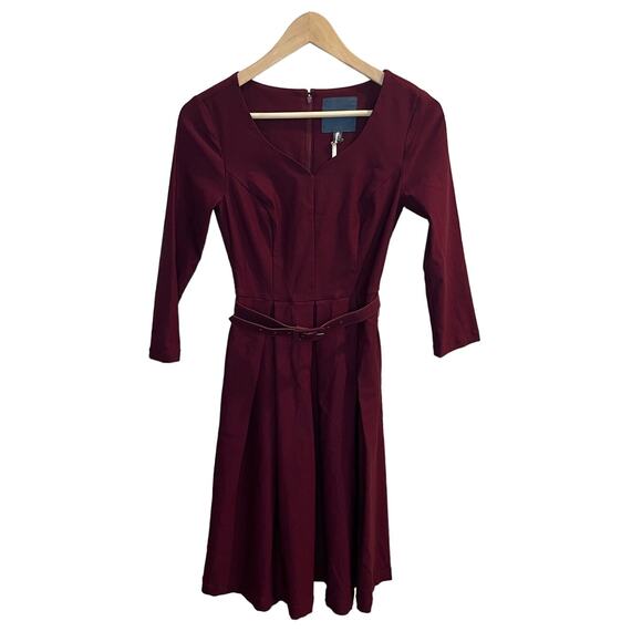 mod cloth Dresses & Skirts - NWT ModCloth Belted Dress XXS 1960s maroon Fit n' Flare
